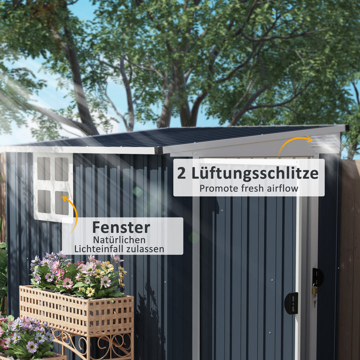 Haveskur, redskabsskur til haveredskaber, vinduer, ventilationsåbninger, aflåselig, stål, mørkegrå