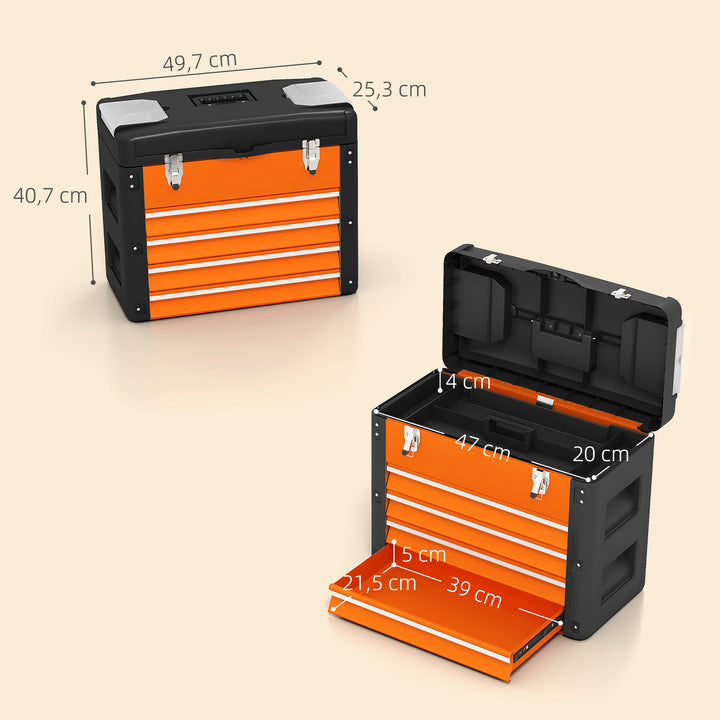 Tom værktøjskasse, 49,7 x 25,3 x 40,7 cm værktøjskasse med 4 skuffer, minikasse stål orange