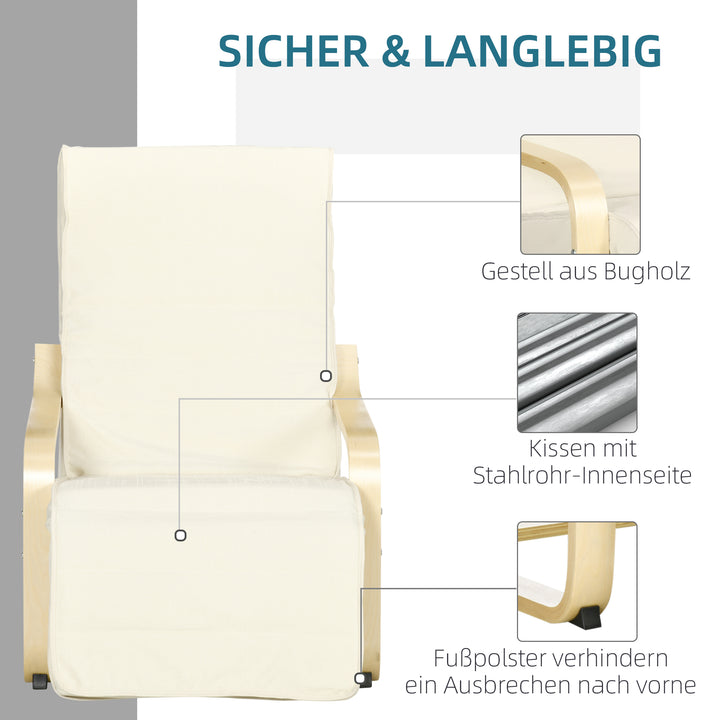 Liggestol med hynde, 5-niveau fodstøtte, birketræ, op til 120 kg, 66,5 x 94 x 100 cm, cremehvid