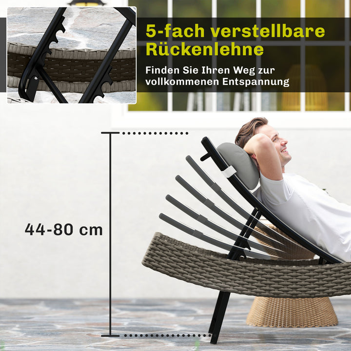 Polyrattan liggestol, S-formet havestol med justerbar ryglæn og nakkestøtte i 5 positioner, åndbar og UV-bestandig