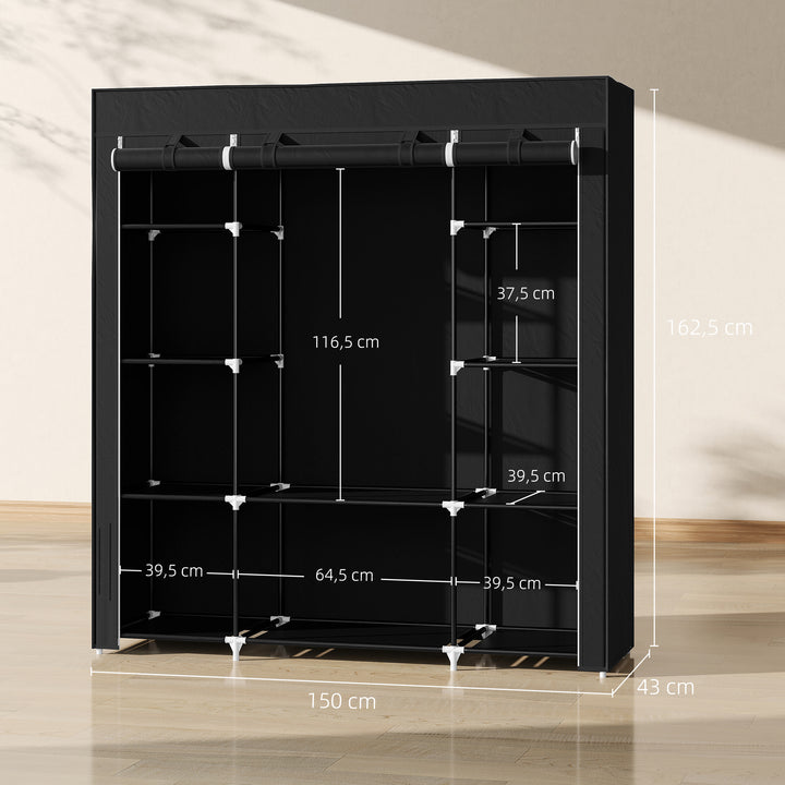 Stofgarderobe, foldbar garderobe, 1 bøjlestang, 9 hylder, 150 cm x 43 cm x 162,5 cm, sort