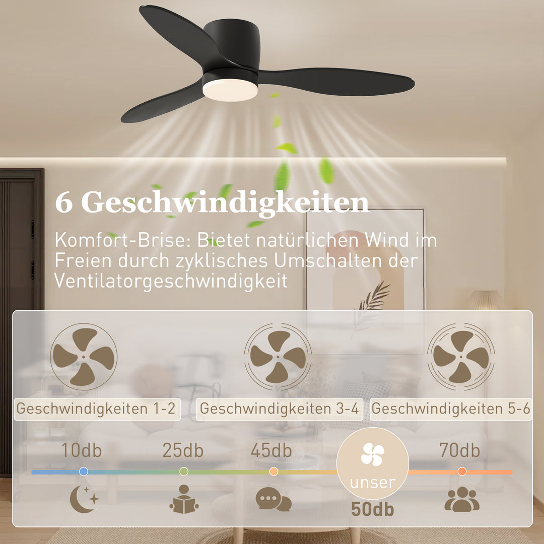 Loftsventilator med lampe og fjernbetjening, 3 lysfarver, 6 hastigheder, justerbar lysstyrke, sort