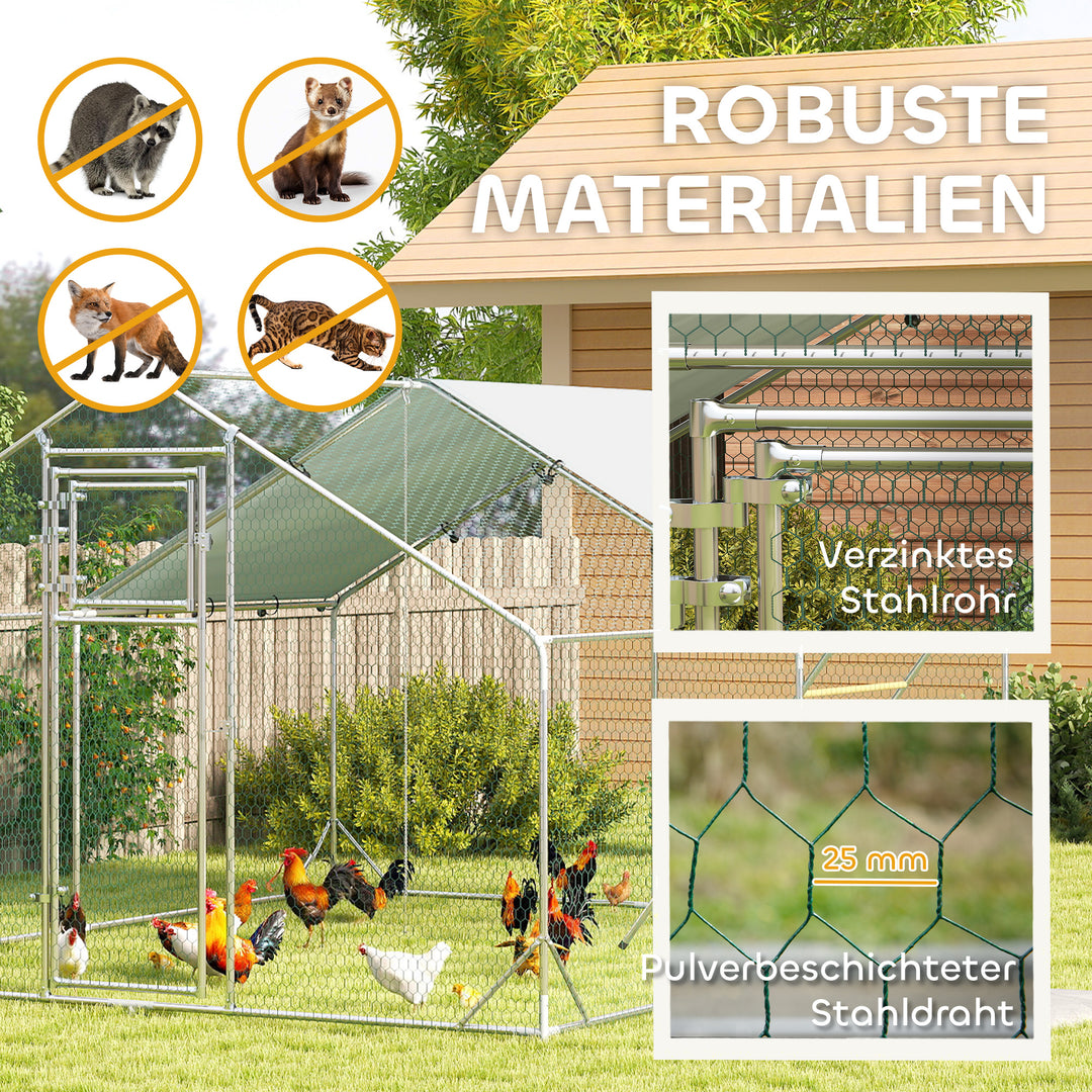 Hønsehus, fritgående indhegning til kyllinger, med UV-bestandig presenning, stålnet, automatisk foderautomat, til 12-18 kyllinger