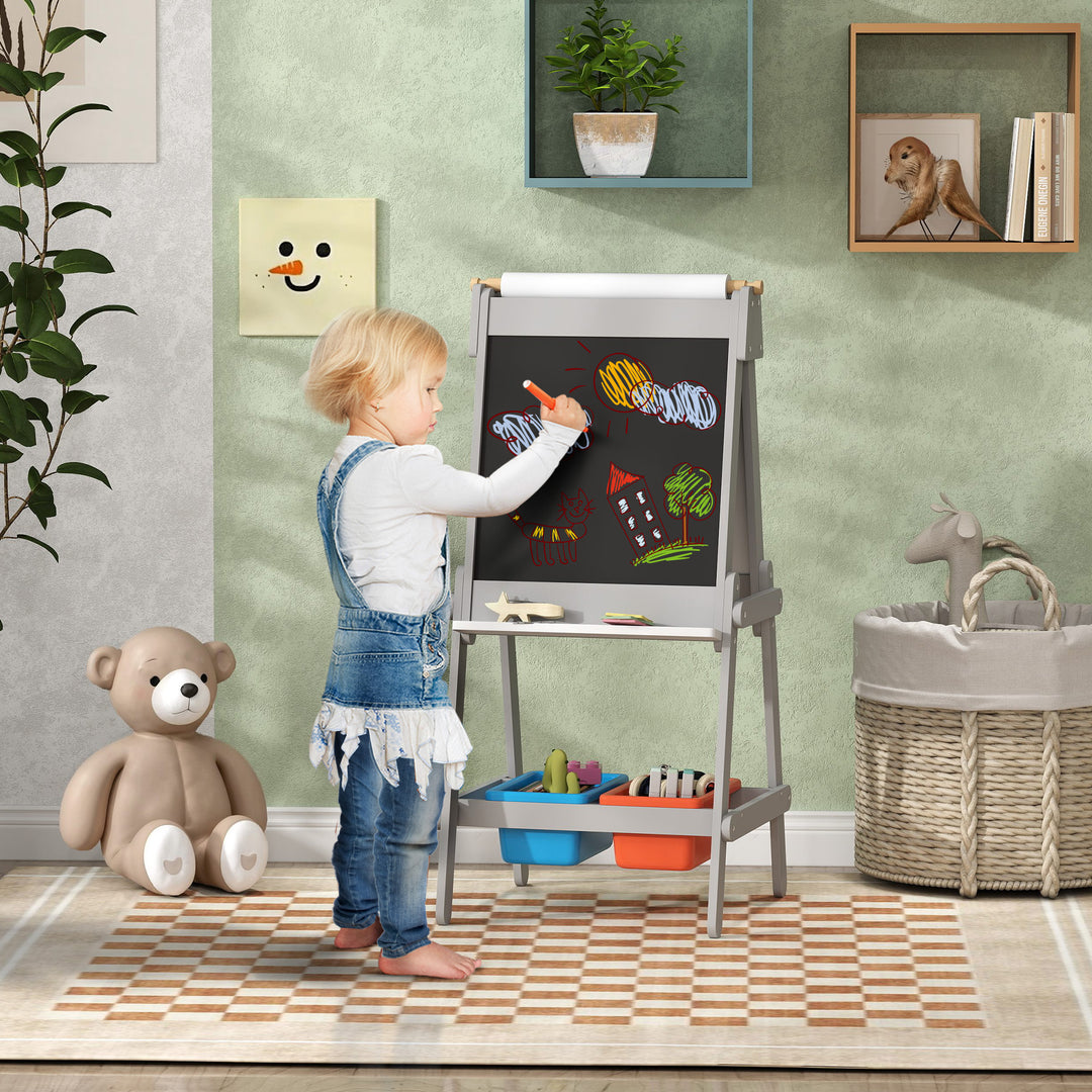 Dobbeltsidet børnestaffeli med papirrulle, tavle, whiteboard, 3-i-1-design, til tegning og maling