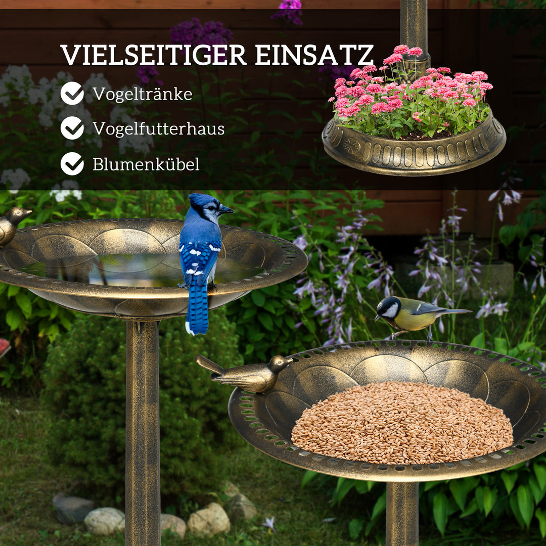 Fuglebad med statue, blomstermønster, 2 bassiner, plastik, antikt look, 50B x 72H cm, bronzefarvet
