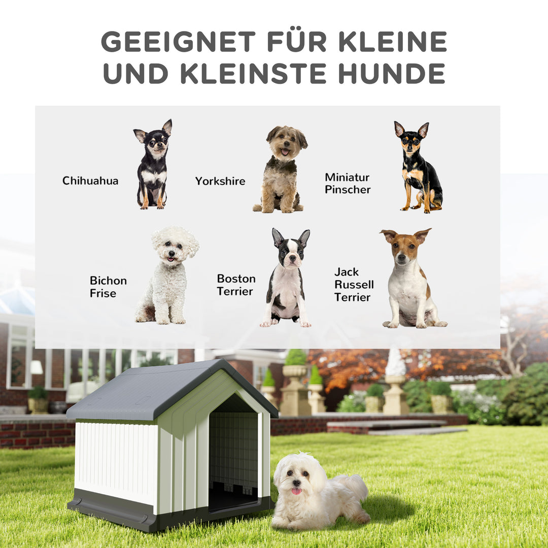 Hundehus, vejrbestandigt, vindue og dør, til små hunde op til 10 kg/40 cm længde, 62x61x60 cm, grå/hvid