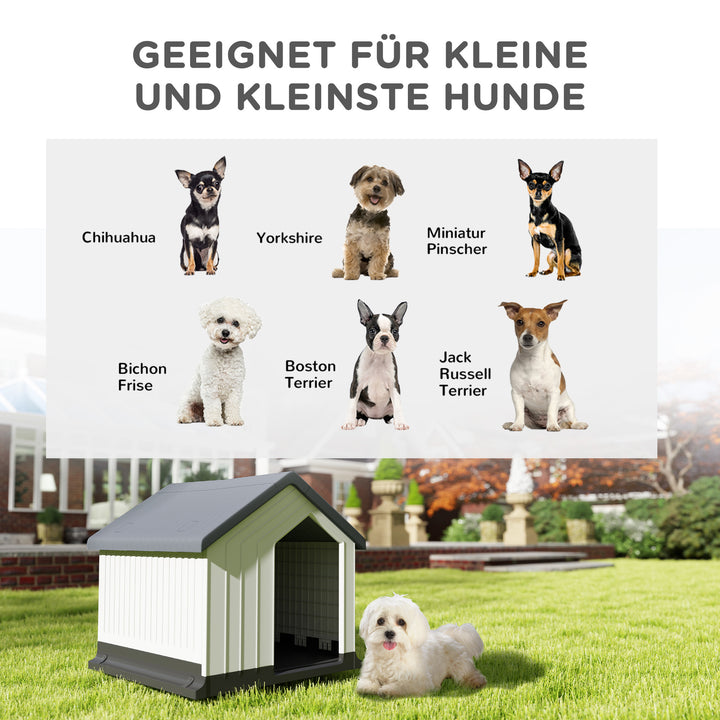 Hundehus, vejrbestandigt, vindue og dør, til små hunde op til 10 kg/40 cm længde, 62x61x60 cm, grå/hvid