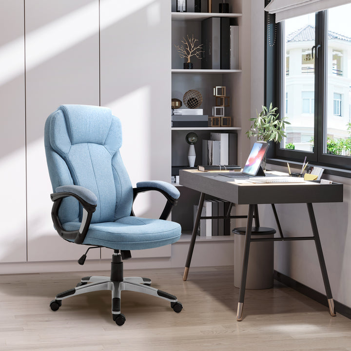 Kontorstol, computerstol, drejestol, højdejusterbar, vippefunktion med nakkestøtte og polstrede armlæn, ergonomisk, lyseblåt hør, 66 x 75 x 110-120 cm