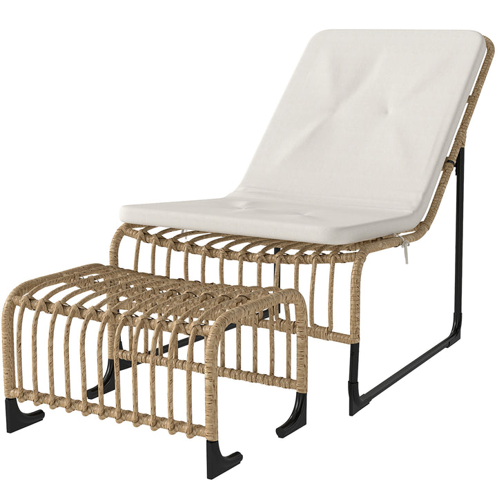 Rattan-afslapningsstol med fodskammel uv-bestandig havestol med hynderemme 65 x 93 x 80 cm naturtræ