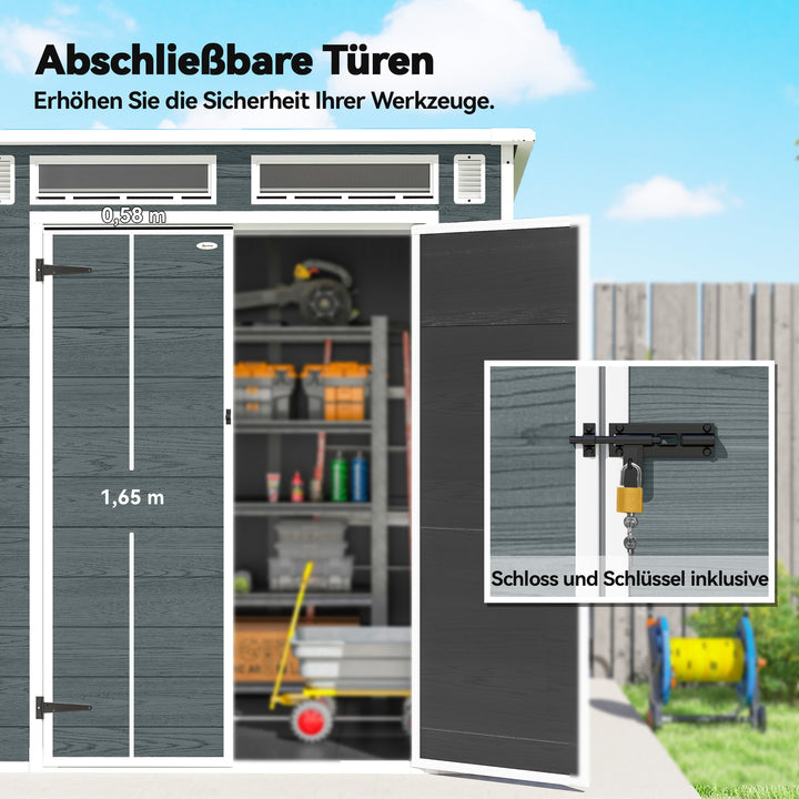 Haveskur 2,89 m², redskabsskur med trælook, 3 vinduer, dobbeltdør, ventilation, gulv, lås, 182 x 182 x 196 cm