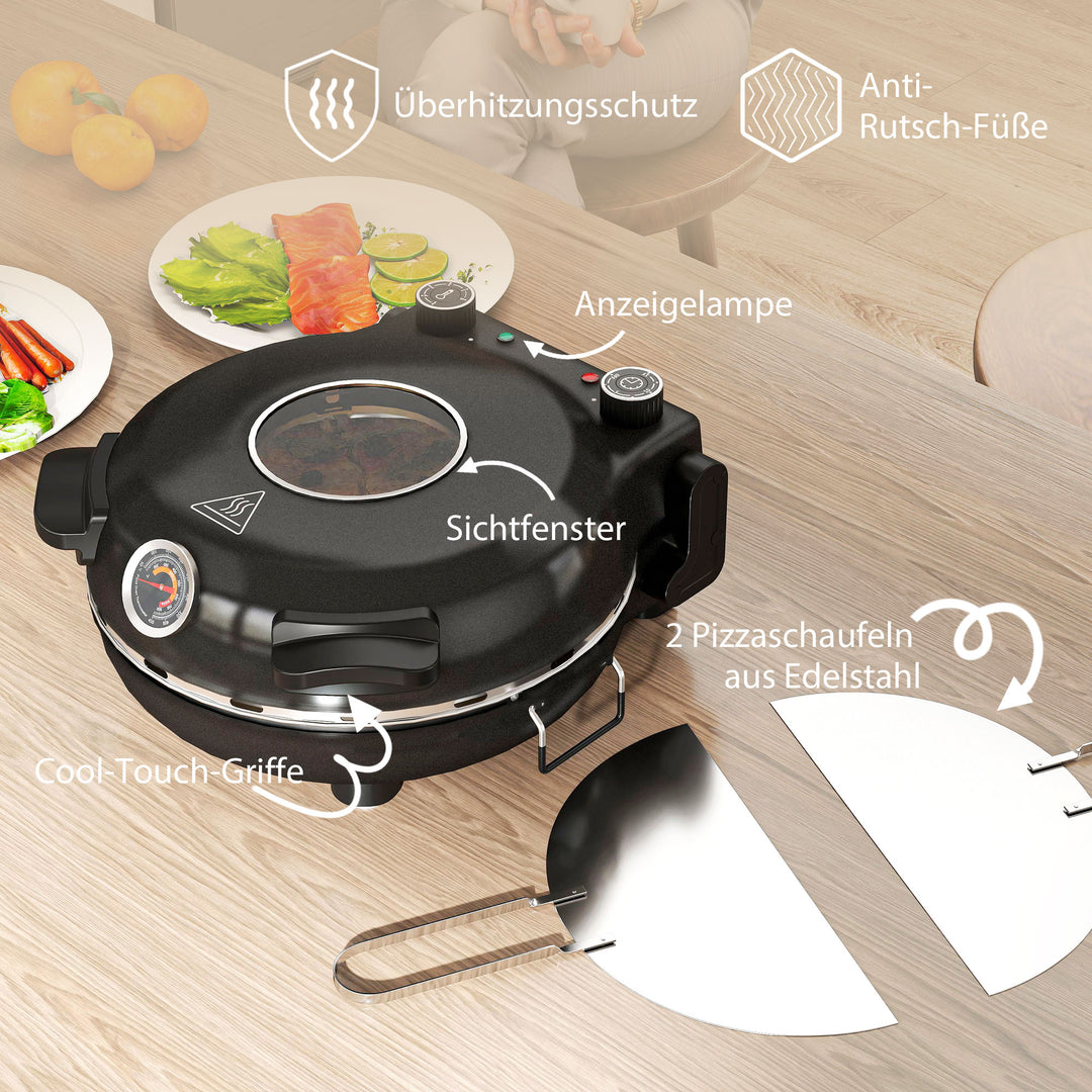 Elektrisk pizzaovn 430 °c, 1200 watt pizzabager med 30 cm stenplade, timer, vindue, rustfrit stål, sort