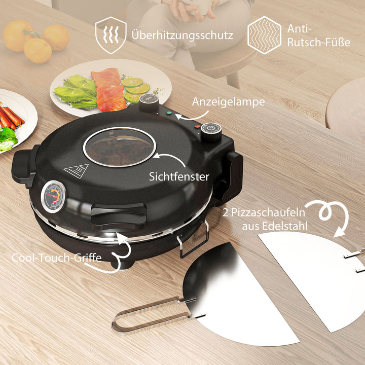 Elektrisk pizzaovn 430 °c, 1200 watt pizzabager med 30 cm stenplade, timer, vindue, rustfrit stål, sort