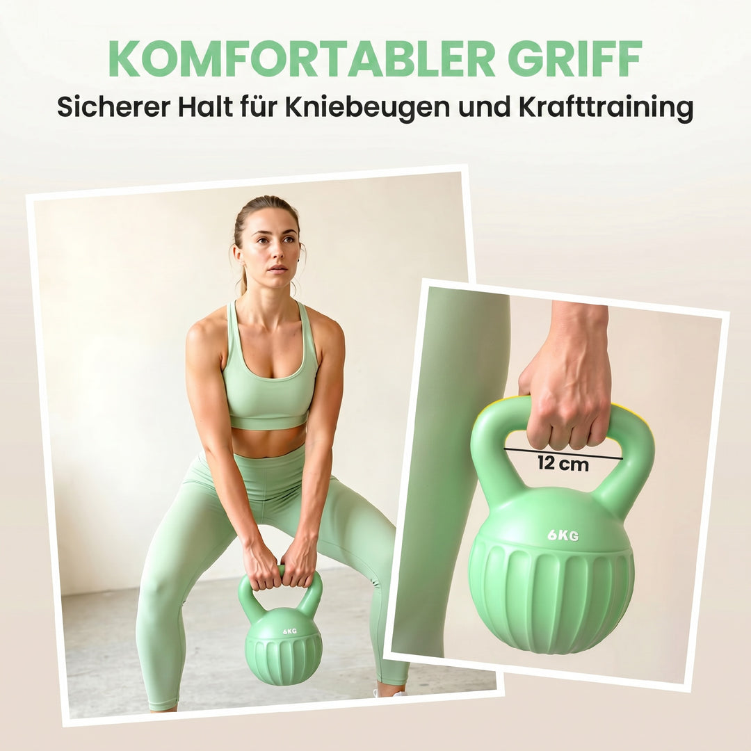 Kettlebell, 6 kg vægtstang fyldt med sand, til begyndere, styrketræning til hjemmet, 17 x 17 x 23 cm, grøn
