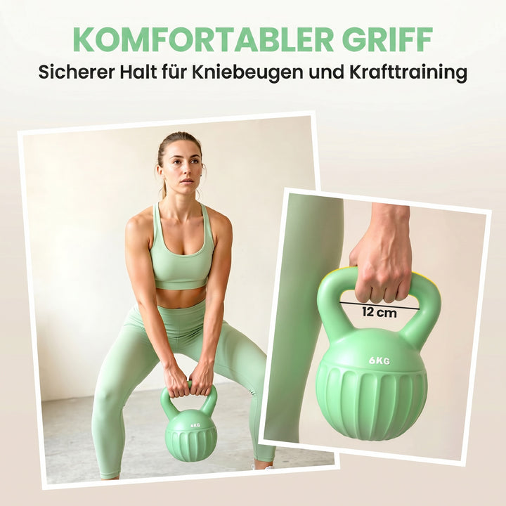 Kettlebell, 6 kg vægtstang fyldt med sand, til begyndere, styrketræning til hjemmet, 17 x 17 x 23 cm, grøn