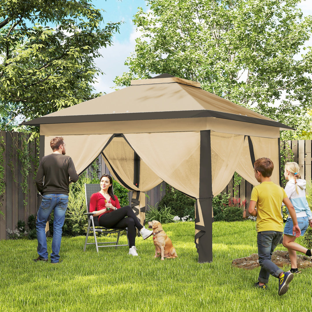Foldbart lysthus, havelysthus, presenning af metal og stof, netgardiner, drænhuller, 330L x 330B x 288H cm, beige