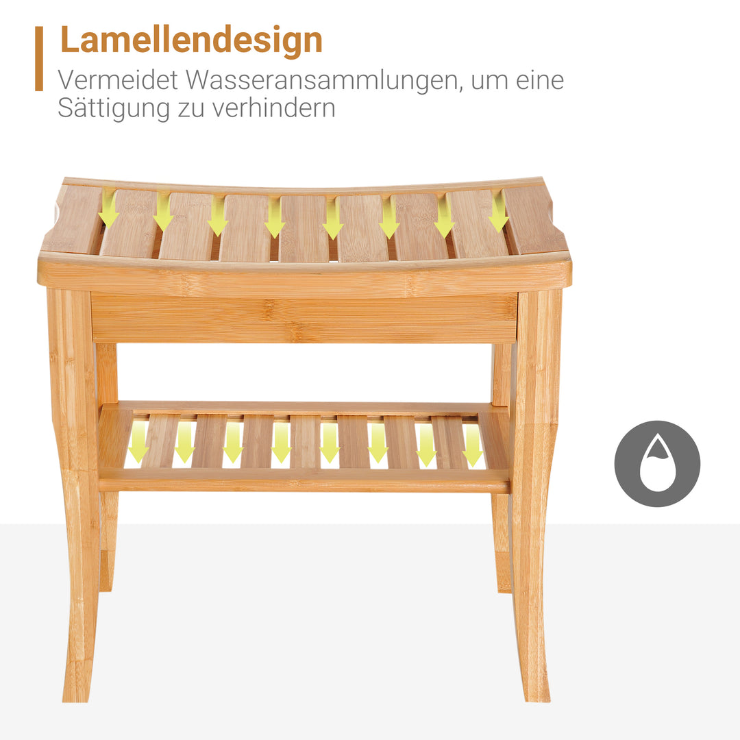 Brusestol, badeværelsesstol med hylde, brusesæde, brusestol, badeværelsesstol, badeværelseshylde, bambus, 47,5 x 26 x 44,5 cm, naturlig