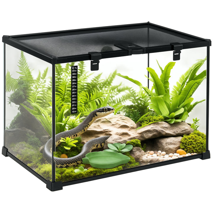 Terrarium til krybdyr, foderkasse til krybdyr, glasterrarium, padder, spindlere med termometer, krybdyravlskasse, metal, sort 50 x 30 x 35 cm