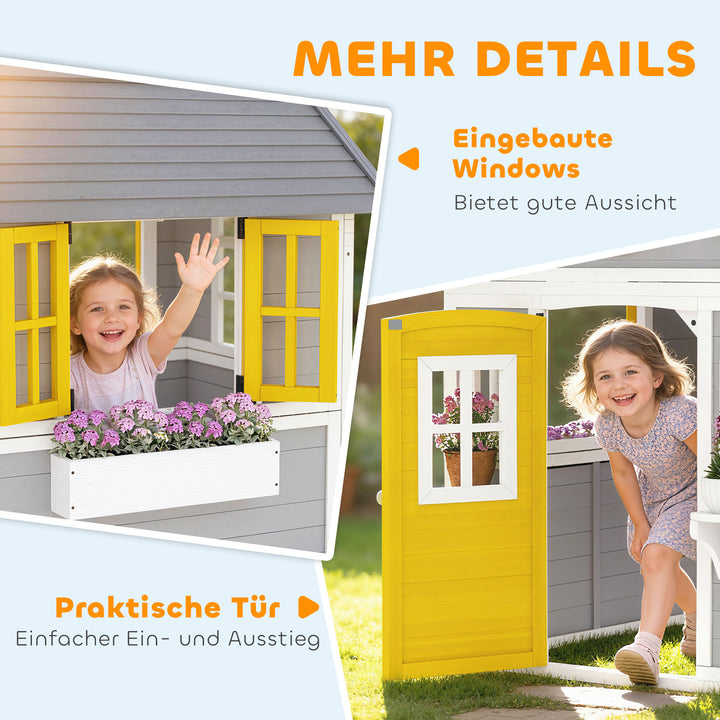 Vejrbestandigt trælegehus til børn, med dør, 6 vinduer, 2 blomsterkasser og 2 blomsterstandere, til alderen 3-8, grå