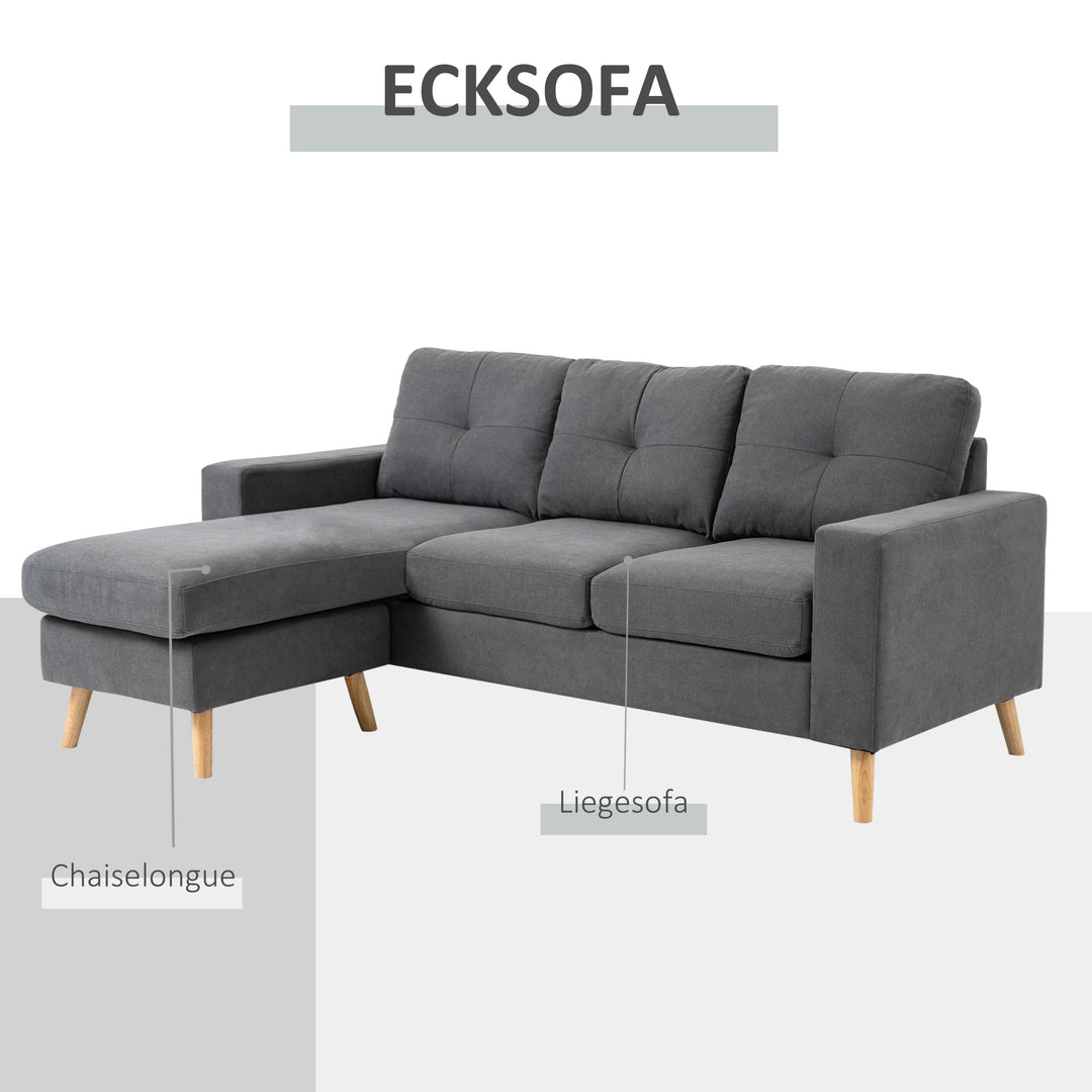 Hjørnesofa i skandinavisk design, med knapsyninger, massivt træ, linnedlook, grå