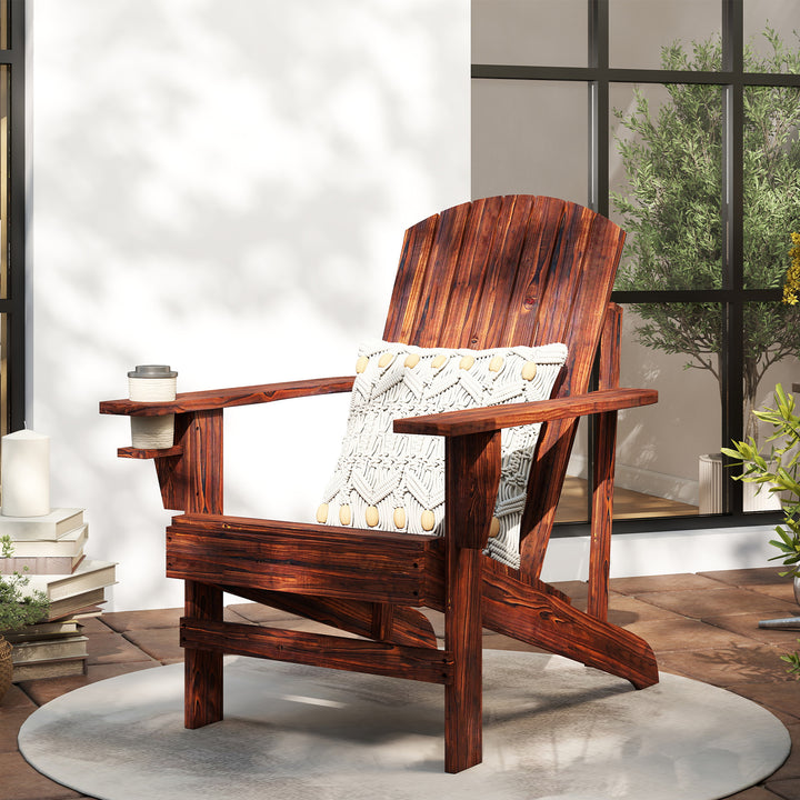 Adirondack havestol med kopholder, haveliggestol, balkonstol, massivt træ, forkullet, 72 x 95 x 93 cm