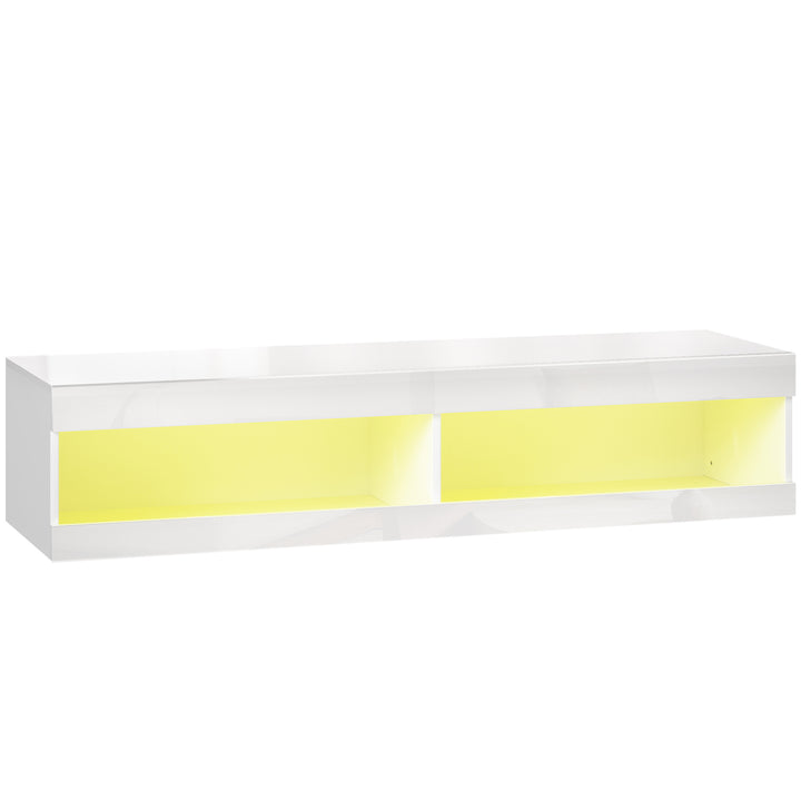 TV-skab, vægmonteret TV-lavbord med RGB LED-belysning i 16 farver, TV-bord med åben opbevaringsplads, til 55-60 tommer TV, til stue, soveværelse, 140 x 40 x 30 cm, hvid højglans