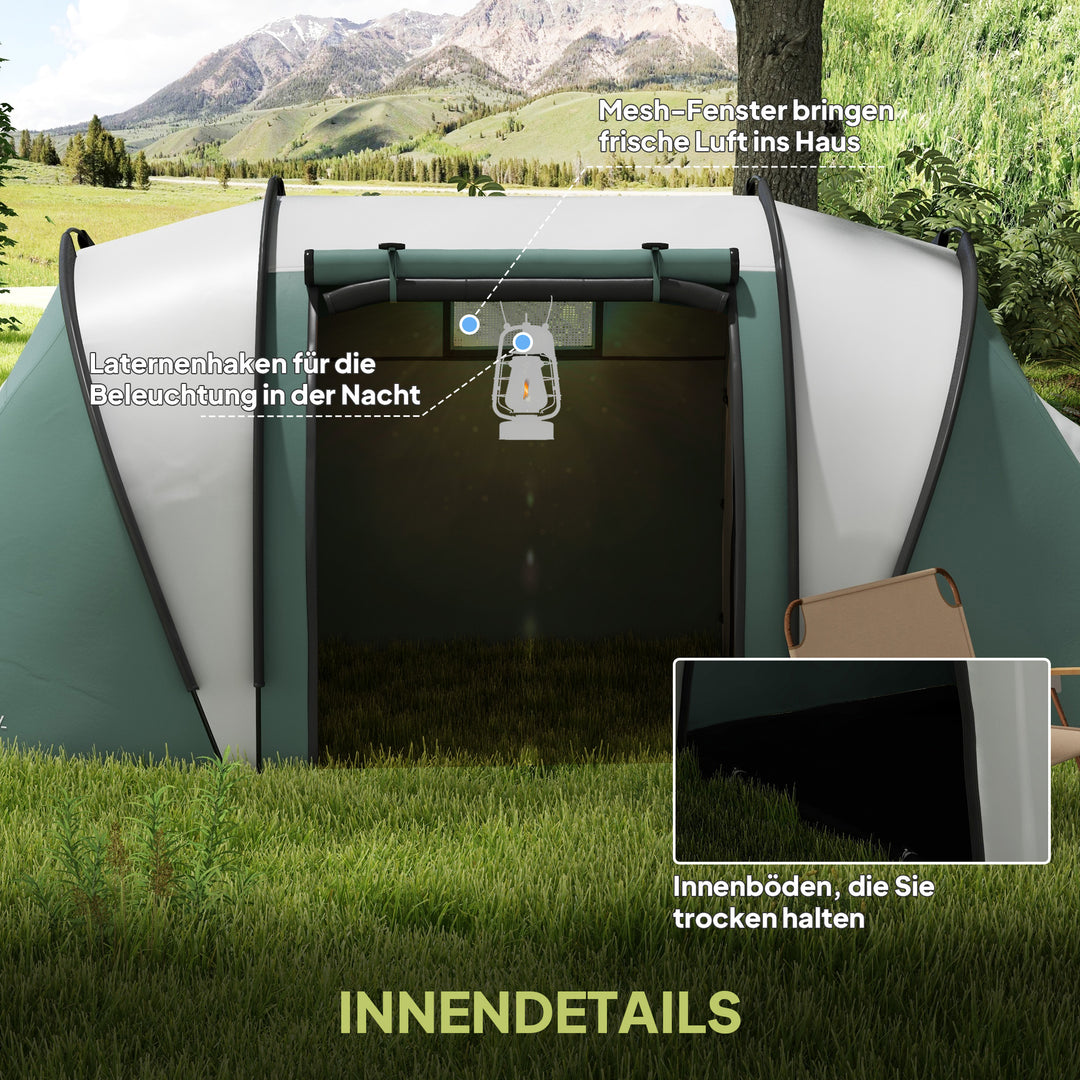 Campingtelt til 4-5 personer, let vandafvisende familietelt med 3 rum, sidedør, vindue, mørkegrøn