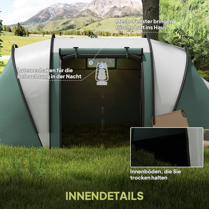Campingtelt til 4-5 personer, let vandafvisende familietelt med 3 rum, sidedør, vindue, mørkegrøn