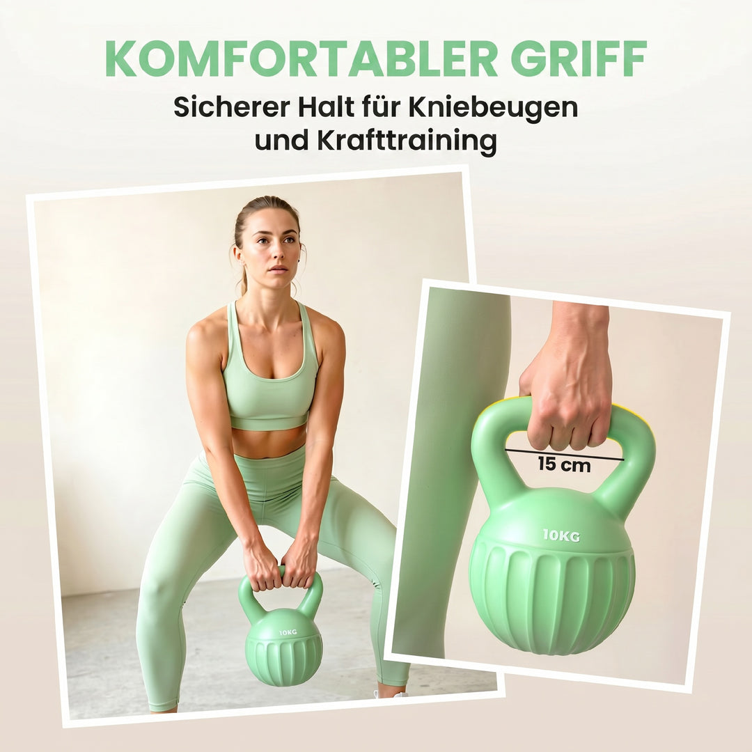 Kettlebell, 6 kg vægtstang fyldt med sand, til begyndere, styrketræning til hjemmebrug, 21 x 21 x 27 cm, grøn