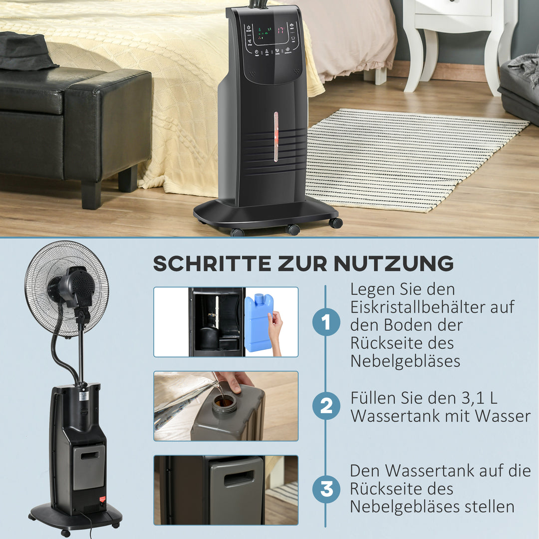 Vandkølet piedestalventilator med dugfunktion, fjernbetjening, oscillerende, timer, 3,1 L vandtank, 3 tilstande, 90 W vandventilator med hjul, 135 cm