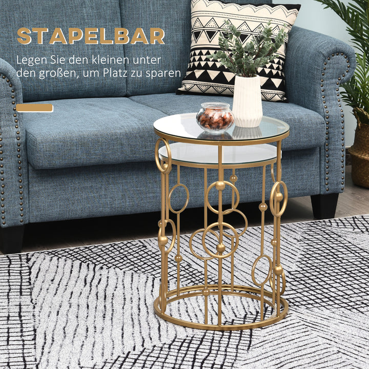 Sæt med 2 sofaborde, sideborde med glasplade, stueborde med dæk- og kugledesign, 41 x 57 cm, guld