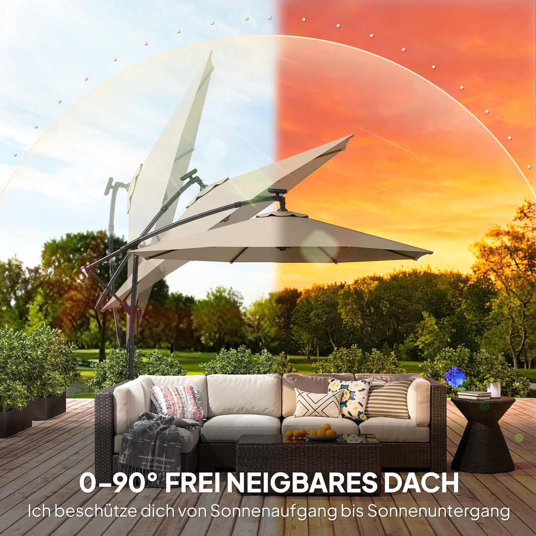 LED solcelledrevet parasol, ca. Ø300 cm, drejelig, med håndsving, beskyttelsesovertræk, beige