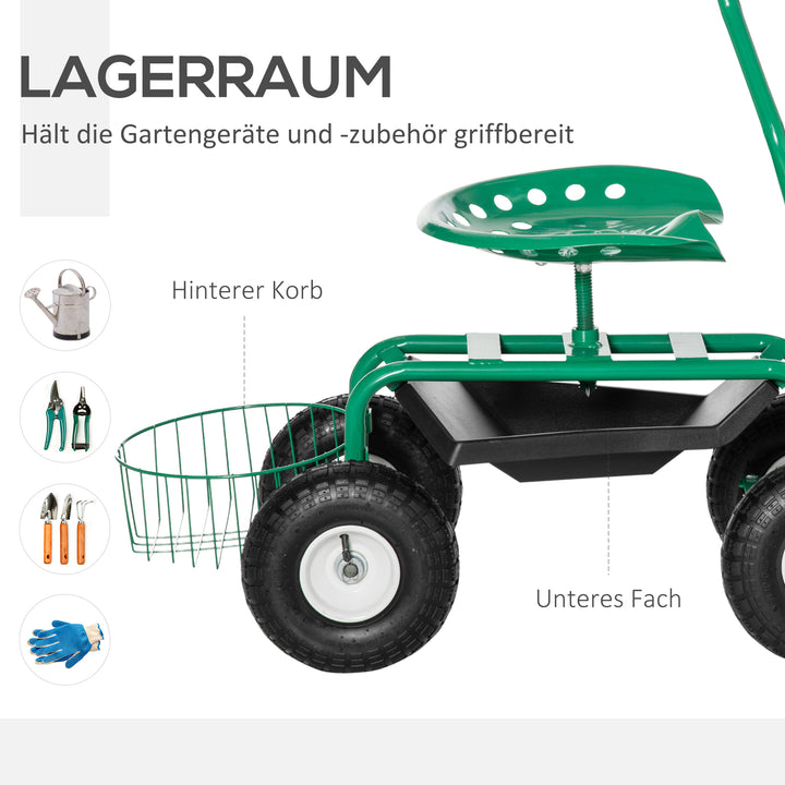 Havevogn med rullesæde (op til 150 kg) med opbevaringskurv til små haveredskaber, mobil værkstedsvogn, styrbart havesæde, sædehøjdejusterbar fra 46-59 cm, metal, gummi, grøn