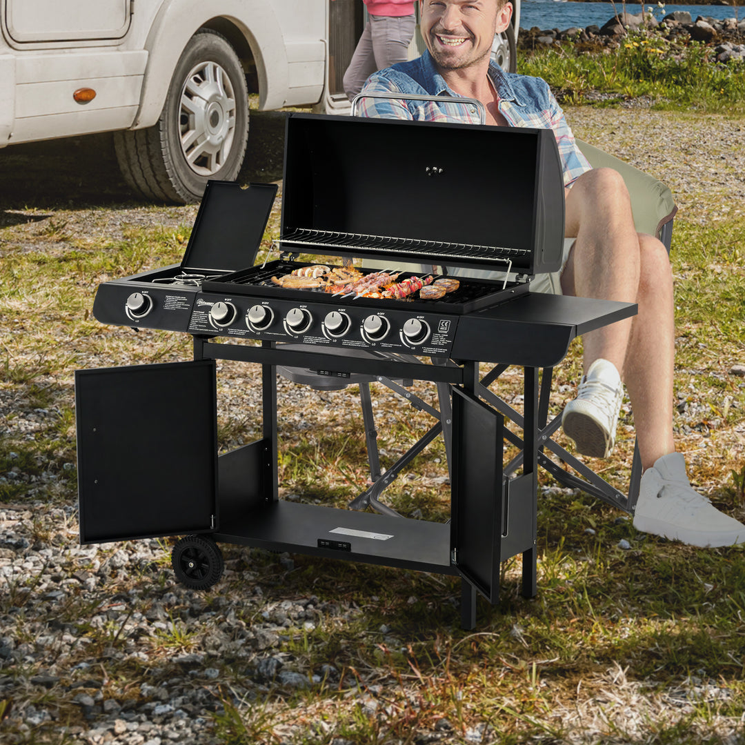 Gasgrill med 7 brændere, inklusive termometer, BBQ-grill, bærbar grill, sort