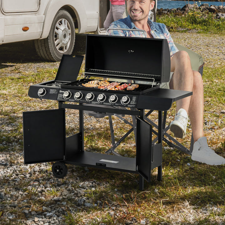 Gasgrill med 7 brændere, inklusive termometer, BBQ-grill, bærbar grill, sort