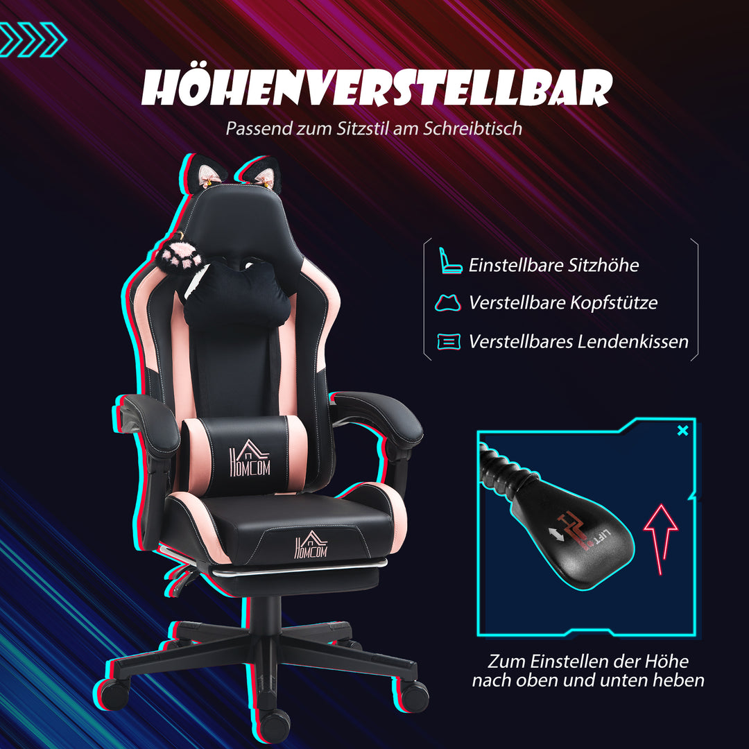 Gamingstol med katteører, lænelæn, udtrækkelig fodstøtte, op til 120 kg, pink/sort