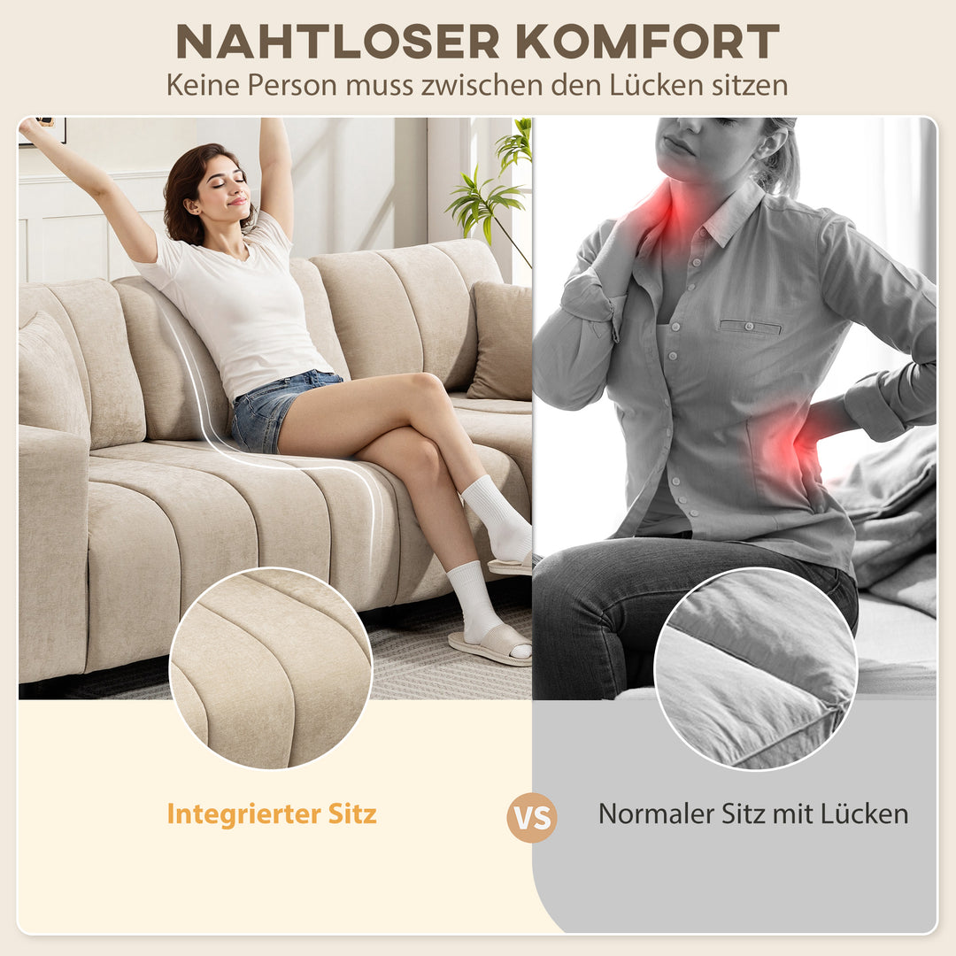 L-formet hjørnesofa med fleksibel chaiselong, 3-personers sofa med 2 hynder, metalstel, til stue, beige