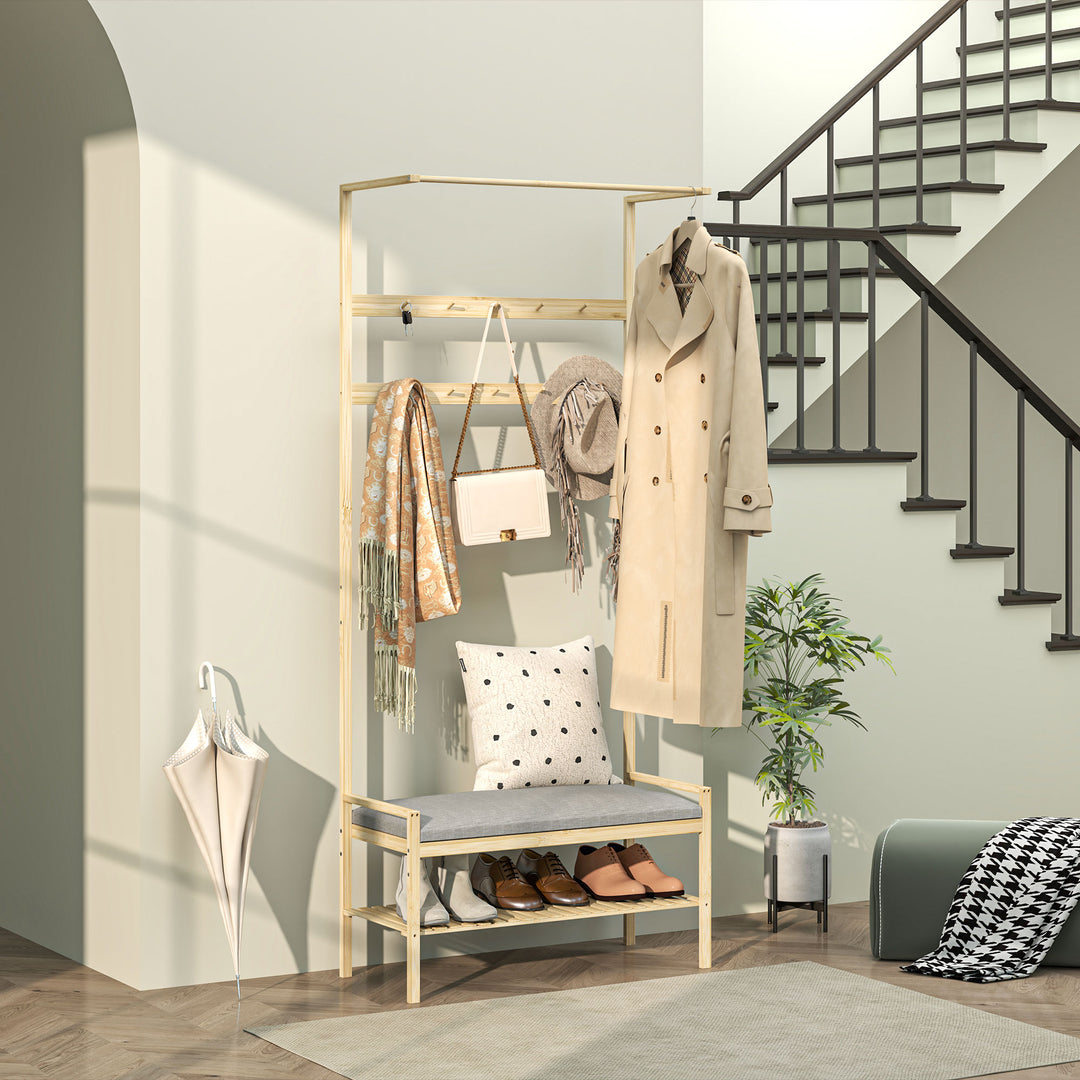 Garderobe med skobænk, bøjlestang, 10 knagerækker, skohylde, bambus