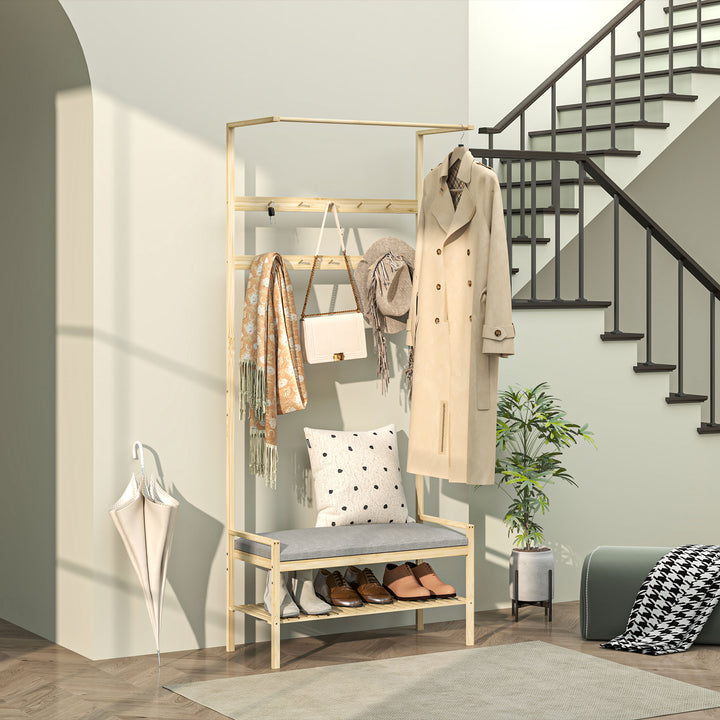 Garderobe med skobænk, bøjlestang, 10 knagerækker, skohylde, bambus