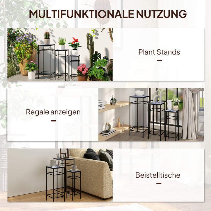 Sæt med 3 plantestativer, 3 forskellige størrelser stativer til fremvisning af blomster og andre genstande, blå+hvid