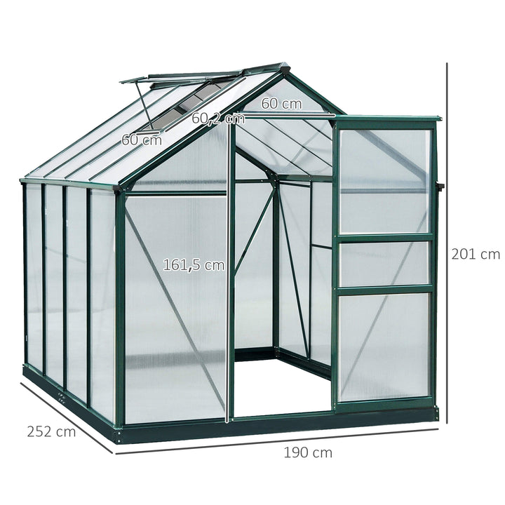 Drivhus, med tagvindue, skydedør, transparent, polycarbonat+aluminium, 190 x 252 x 201 cm