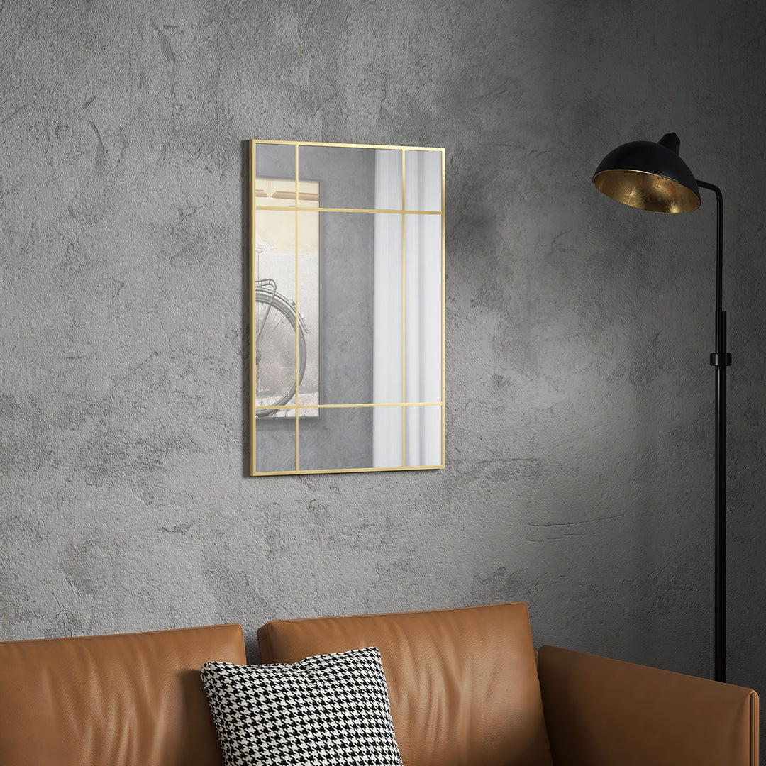 Vægspejl, dekorativt spejl med metalramme, guldfarvede striber, flerlagsglas, 90B x 2D x 60H cm