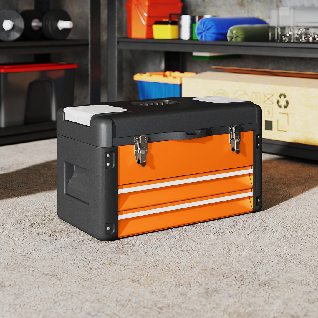 Tom værktøjskasse, 49,7 x 25,3 x 28,9 cm værktøjskasse med skuffe, minikasse stål orange