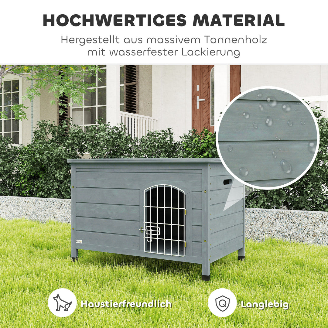 Hundehus, hundehus med dør, hundebur, kæledyrshus, grantræ, mørkegrå