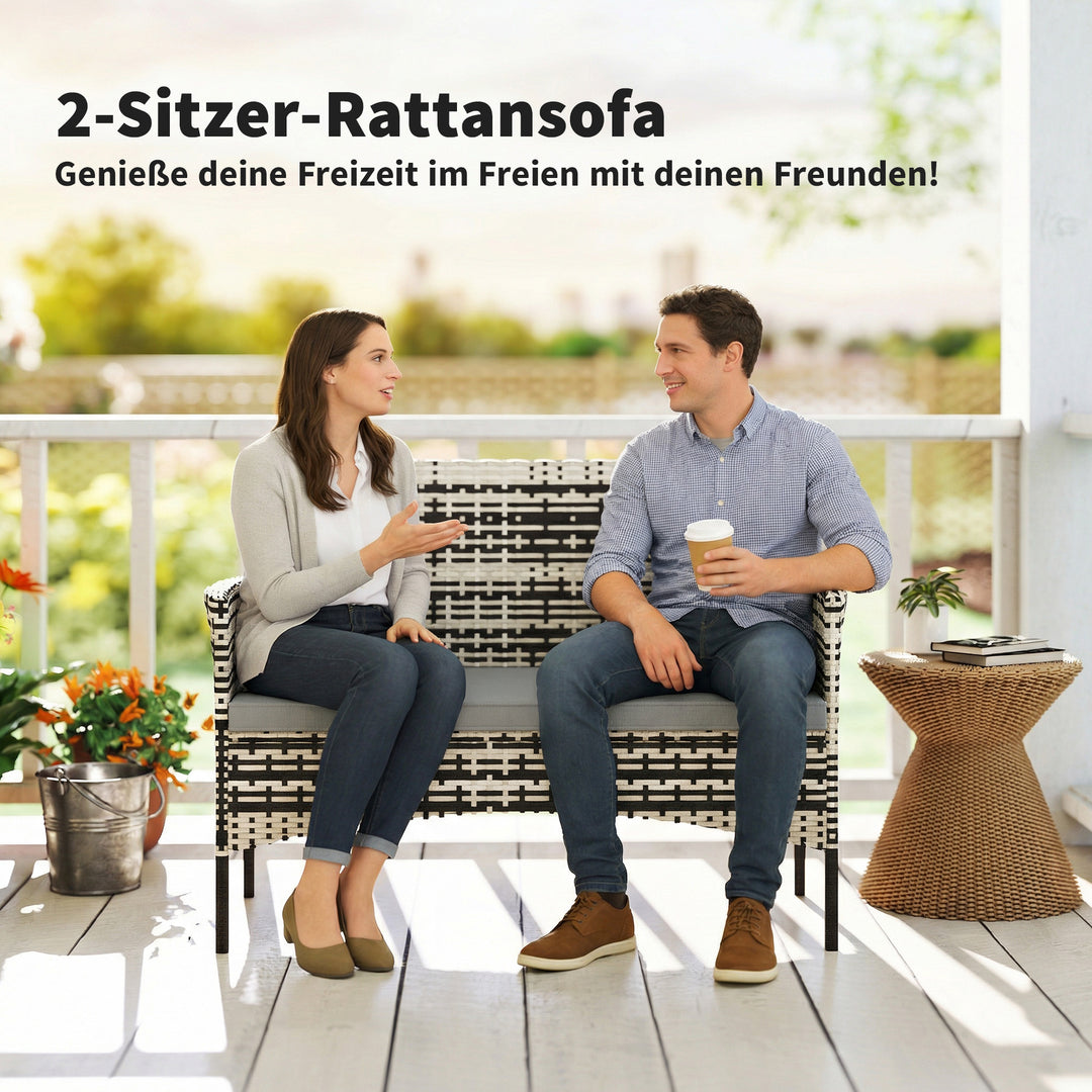 2-personers havesofa i rattan, PE-rattan havesofa med hynder, skridsikre måtter, stålstel, lysegrå