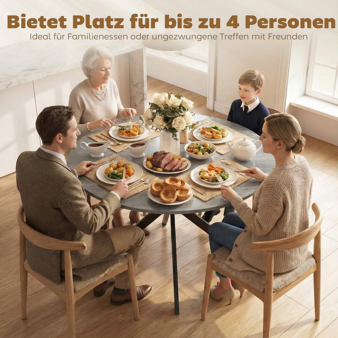 Rundt spisebord til 4 personer, industrielt køkkenbord med stålben, til spisestue, køkken, grå