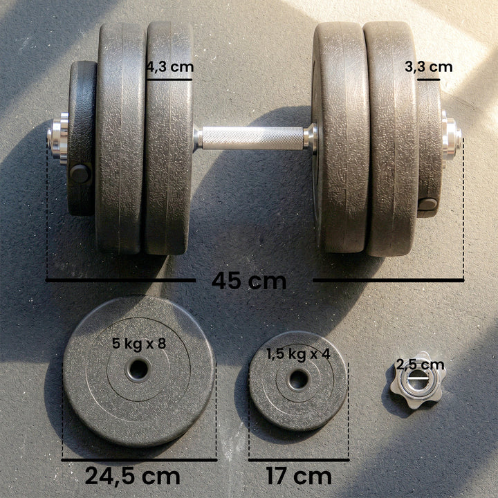 Håndvægtsæt 8 x 5 kg, 4 x 1,5 kg vægtskiver med plastbelægning, gulvvenlig, sort