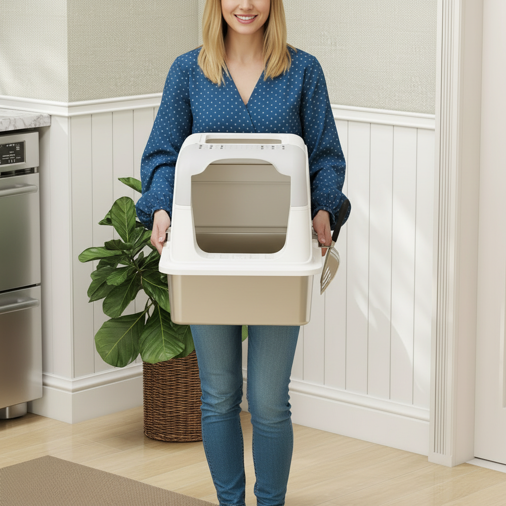 Kattebakke med låg, kattebakke, frontindgang og topudgang, rustfrit stål, op til 15 kg