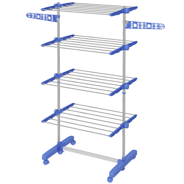 Tørrestativ med 5 niveauer, foldbar, et-klik-system, 142 cm x 55 cm x 1,72 cm, blå + sølv