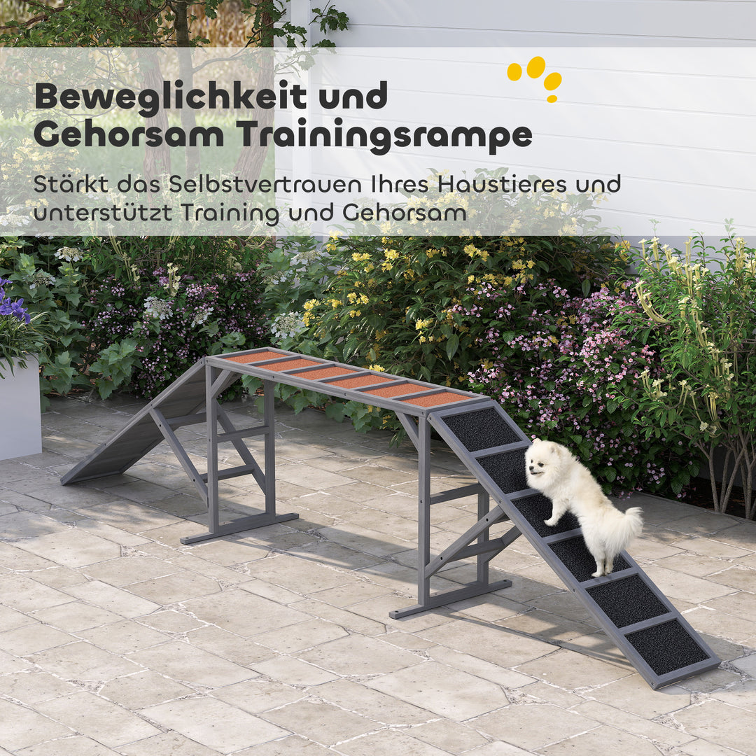 Hundeagilitybro med sikkerhedsstang, skridsikker overflade, vejrbestandig, agilityudstyr til hunde op til 40 kg, 335x55x60 cm, grå