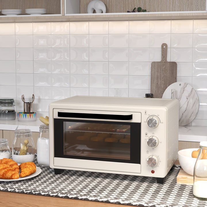 Miniovn, lille 21 l brødristerovn med 1 rist og 1 bageplade, 3 tilberedningstilstande, 100°c-230°c, rustfrit stål, glas, cremehvid